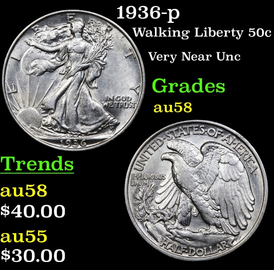 1936-p Walking Liberty Half Dollar 50c Grades Choice AU/BU Slider