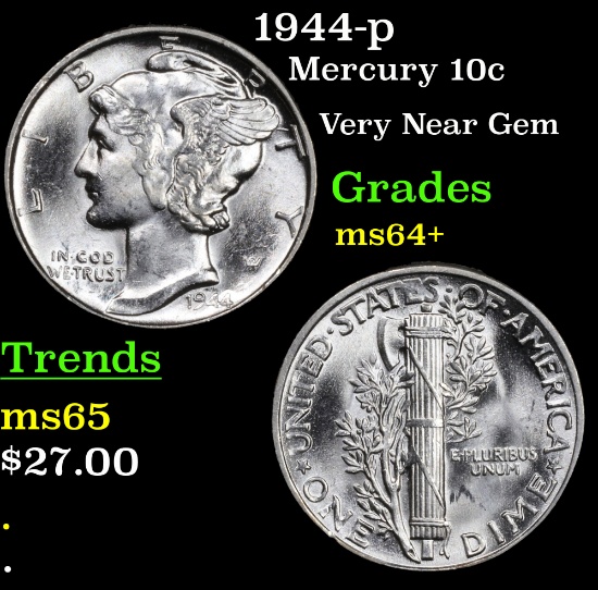 1944-p Mercury Dime 10c Grades Choice+ Unc