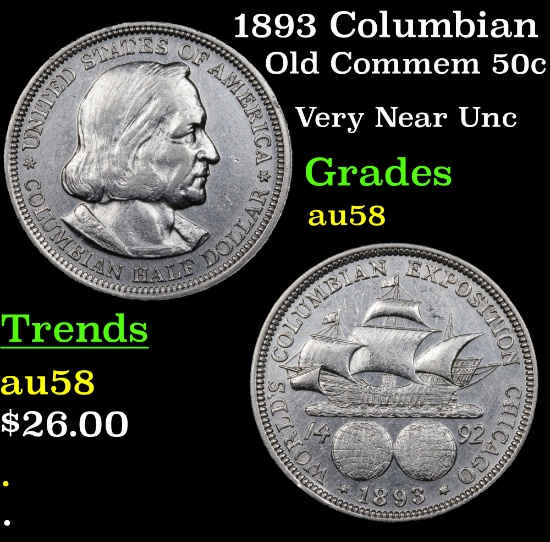 1893 Columbian Old Commem Half Dollar 50c Grades Choice AU/BU Slider