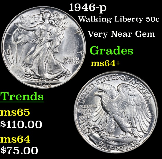 1946-p Walking Liberty Half Dollar 50c Grades Choice+ Unc