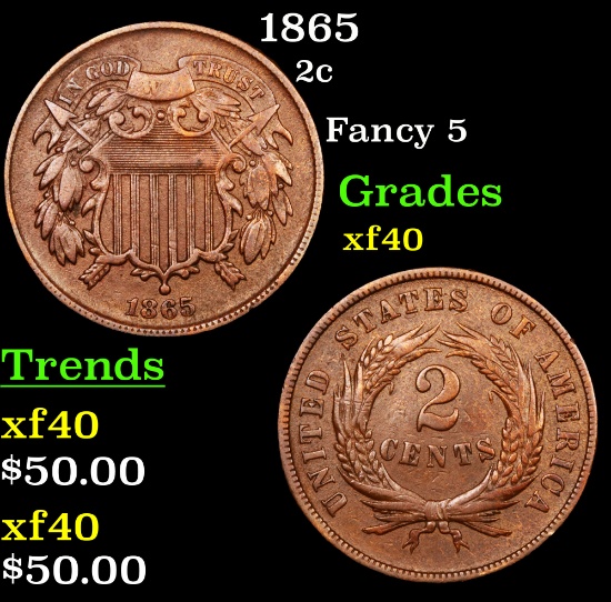1865 Two Cent Piece 2c Grades xf