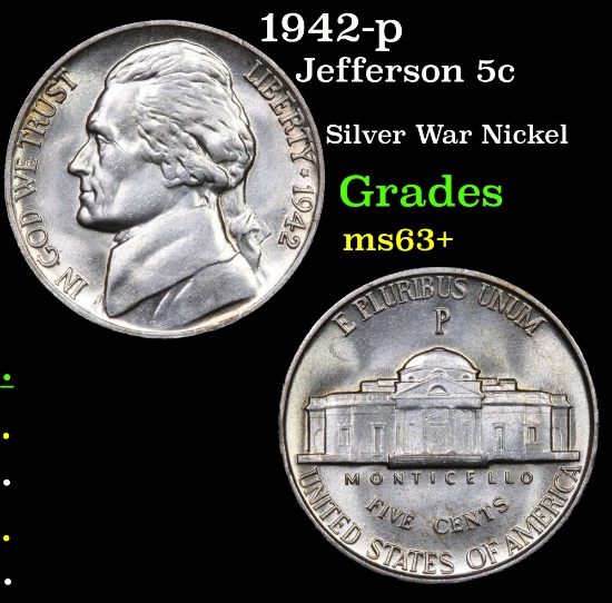 1942-p Jefferson Nickel 5c Grades Select+ Unc