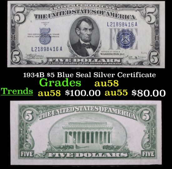 1934B $5 Blue Seal Silver Certificate Grades Choice AU/BU Slider