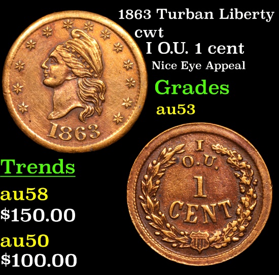 1863 Turban Liberty Civil War Token 1c Grades Select AU