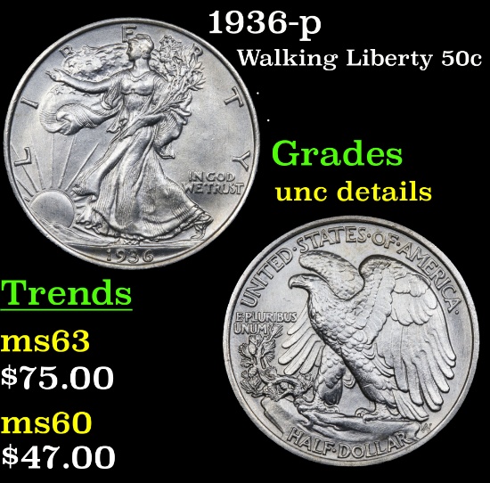 1936-p Walking Liberty Half Dollar 50c Grades Unc Details