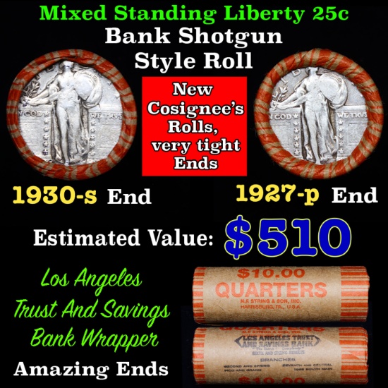 Mixed Standing Liberty 25c orig shotgun roll, 1930-s, 1927-p other end Los Angeles Trust And Savings