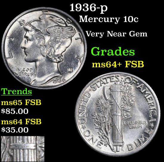 1936-p Mercury Dime 10c Grades Choice Unc+ FSB