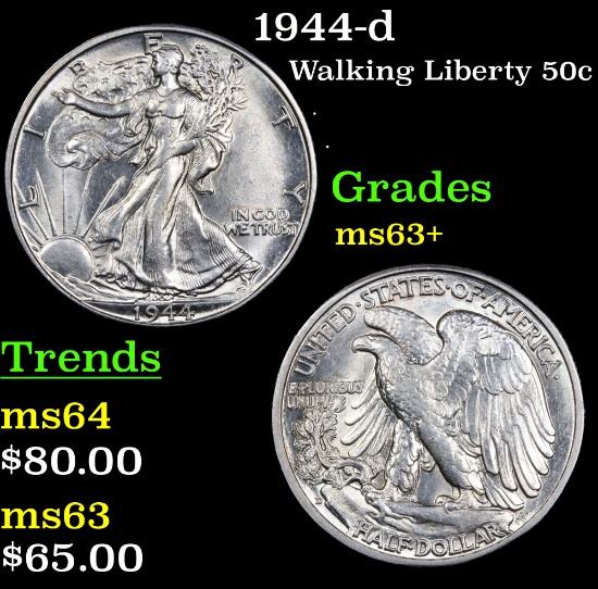 1944-d Walking Liberty Half Dollar 50c Grades Select+ Unc