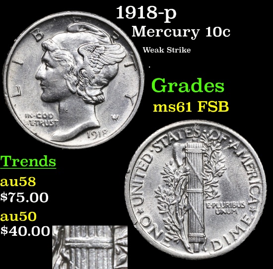 1918-p Mercury Dime 10c Grades Unc+ FSB