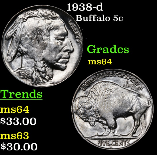 1938-d Buffalo Nickel 5c Grades Choice Unc