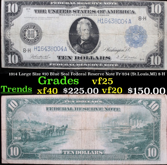 1914 Large Size $10 Blue Seal Federal Reserve Note Fr-934 (St.Louis,MI) 8-H Grades vf+