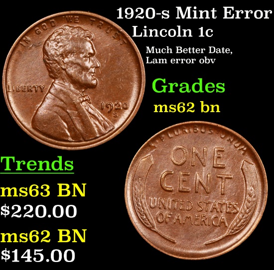1920-s Mint Error Lincoln Cent 1c Grades Select Unc BN