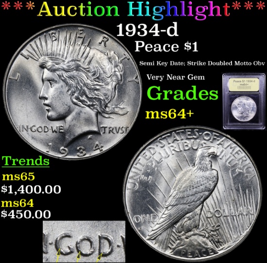 ***Auction Highlight*** 1934-d Peace Dollar $1 Graded Choice+ Unc BY USCG (fc)