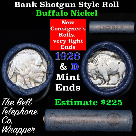 Buffalo Nickel Shotgun Roll in Old Bank Style 'Bell Telephone'  Wrapper 1926 & d Mint Ends Grades