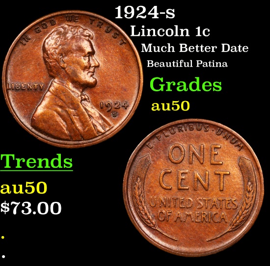 1924-s Lincoln Cent 1c Grades AU, Almost Unc