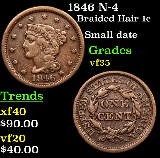 1846 N-4 Braided Hair Large Cent 1c Grades vf++