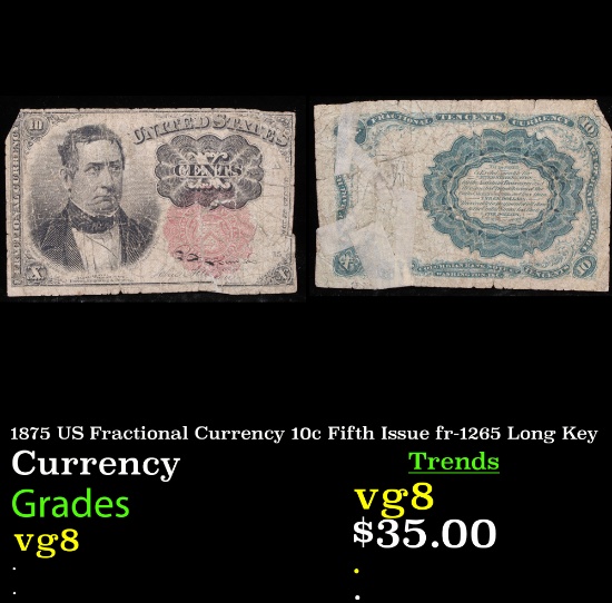 1875 US Fractional Currency 10c Fifth Issue fr-1265 Long Key Grades vg, very good