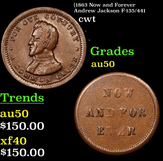 (1863 Now and Forever Andrew Jackson F-135/441 Civil War Token 1c Grades AU, Almost Unc