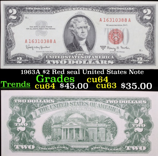 1963A $2 Red seal United States Note Grades Choice CU