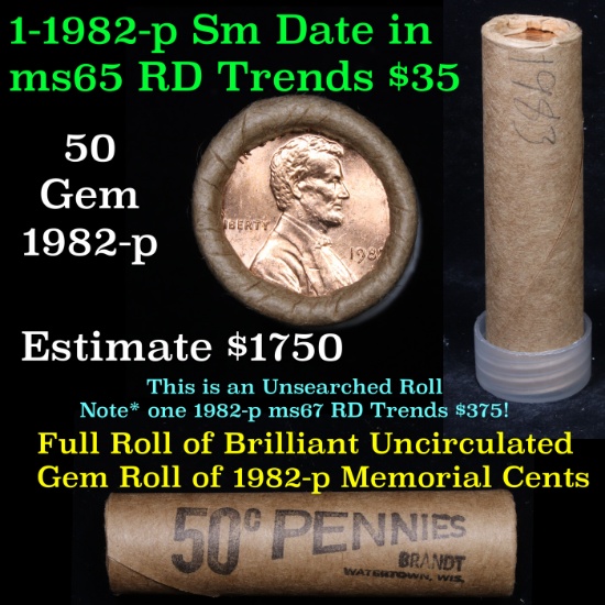 Uncirculated Shotgun Lincoln 1c roll, 1982-p Copper Small Date 50 pcs Brinks Wrapper  Grades