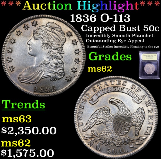 ***Auction Highlight*** 1836 O-113 Capped Bust Half Dollar 50c Graded Select Unc By USCG (fc)