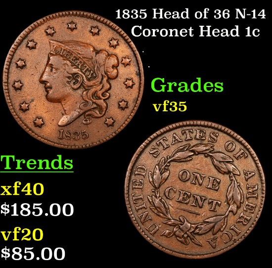 1835 Head of 36 N-14 Coronet Head Large Cent 1c Grades vf++