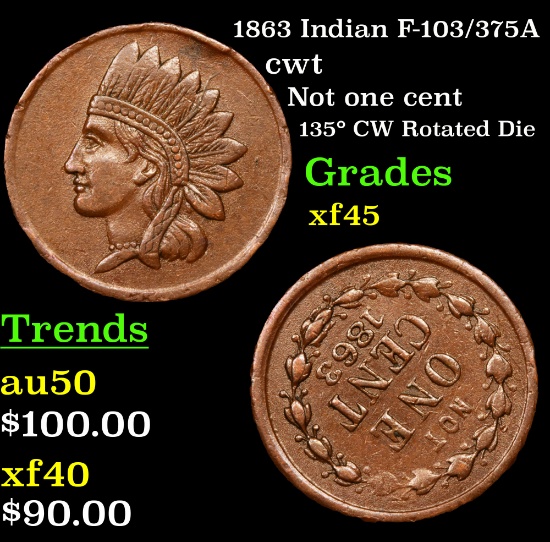 1863 Indian F-103/375A Civil War Token 1c Grades xf+