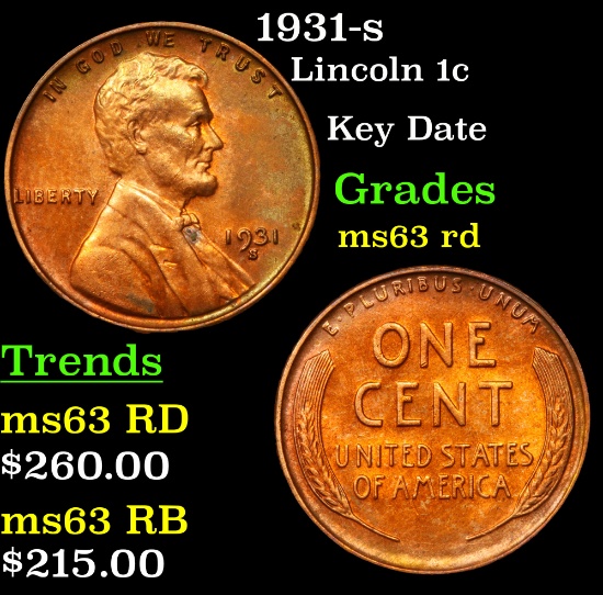 1931-s Lincoln Cent 1c Grades Select Unc RD