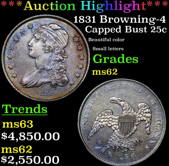***Auction Highlight*** 1831 Browning-4 Capped Bust Quarter 25c Graded Select Unc By USCG (fc)