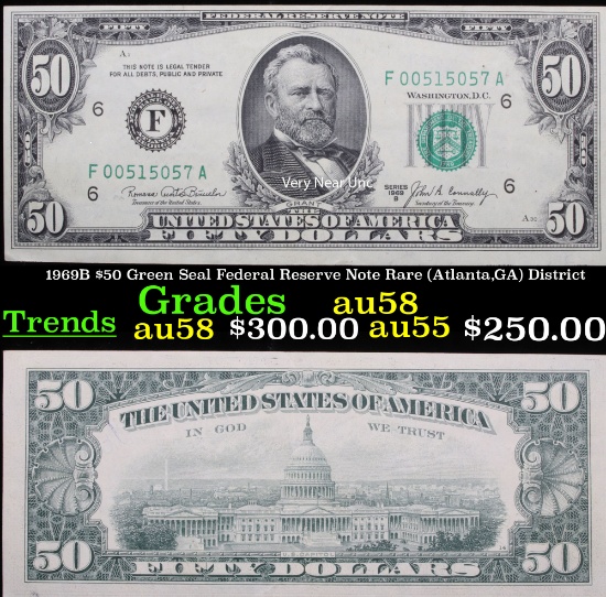 1969B $50 Green Seal Federal Reserve Note Rare (Atlanta,GA) District Grades Choice AU/BU Slider