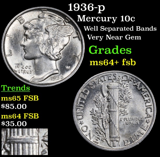 1936-p Mercury Dime 10c Grades Choice Unc+ FSB