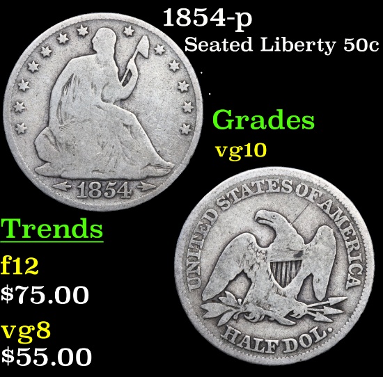 1854-p Seated Half Dollar 50c Grades vg+
