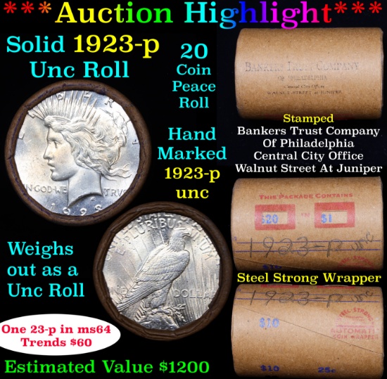 ***Auction Highlight*** 1923-p Uncirculated Peace Dollar Shotgun Roll (fc)