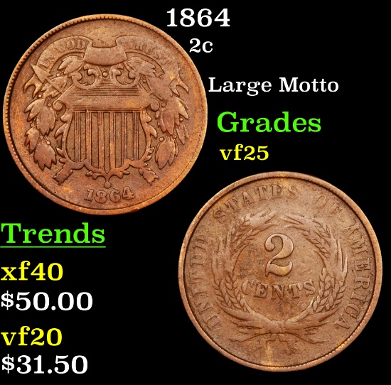 1864 Two Cent Piece 2c Grades vf+