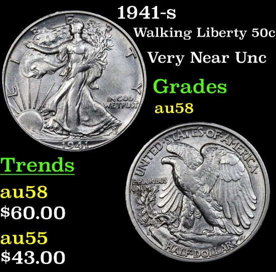 1941-s Walking Liberty Half Dollar 50c Grades Choice AU/BU Slider