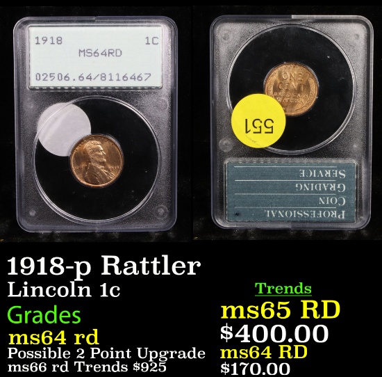 PCGS 1918-p Rattler Lincoln Cent 1c Graded ms64 rd By PCGS