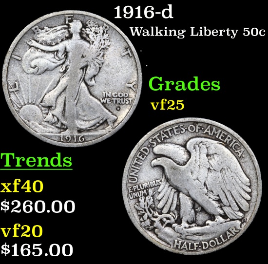 1916-d Walking Liberty Half Dollar 50c Grades vf+