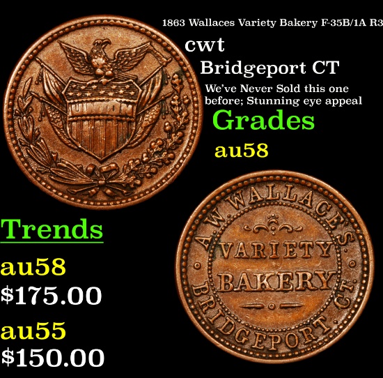 1863 Wallaces Variety Bakery F-35B/1A R3 Civil War Token 1c Grades Choice AU/BU Slider