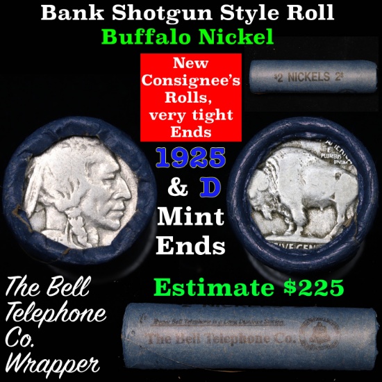 Buffalo Nickel Shotgun Roll in Old Bank Style 'Bell Telephone'  Wrapper 1925 & d Mint Ends Grades