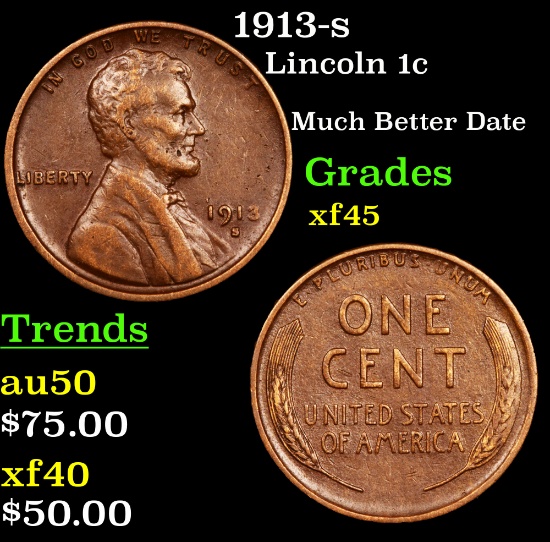 1913-s Lincoln Cent 1c Grades xf+