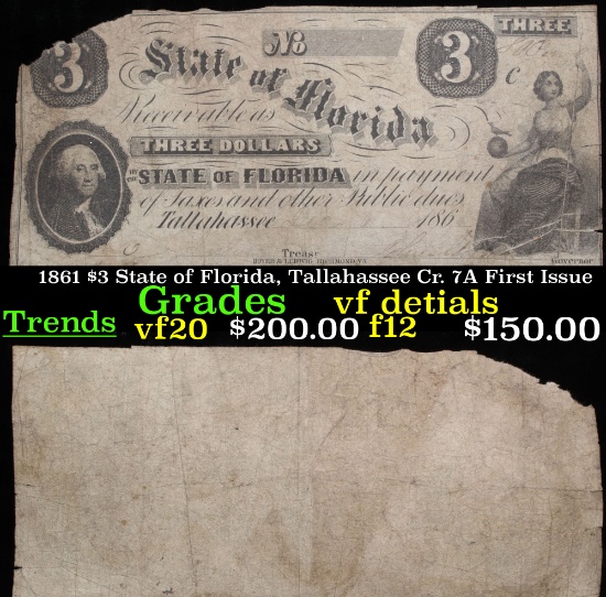 1861 $3 State of Florida, Tallahassee Cr. 7A First Issue Grades Vf Details
