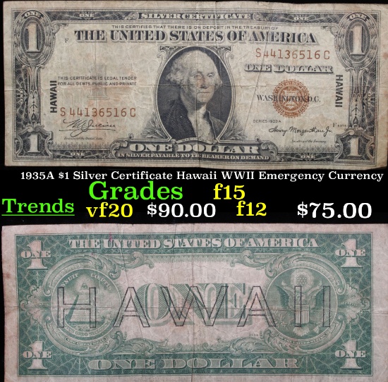 1935A $1 Silver Certificate Hawaii WWII Emergency Currency Grades f+