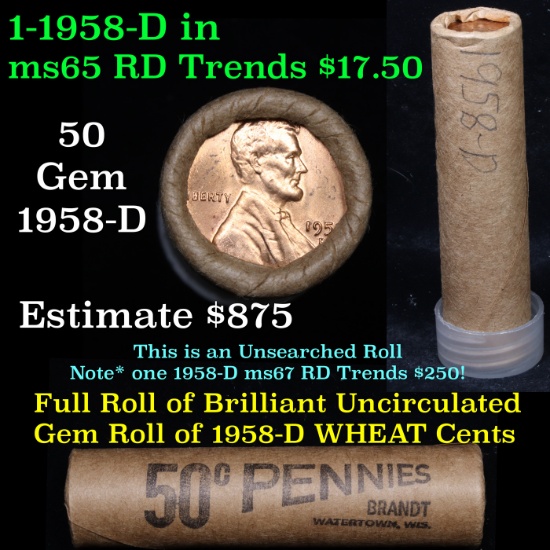 Uncirculated Shotgun Lincoln 1c roll, 1958-d 50 pcs Brinks Wrapper  Grades