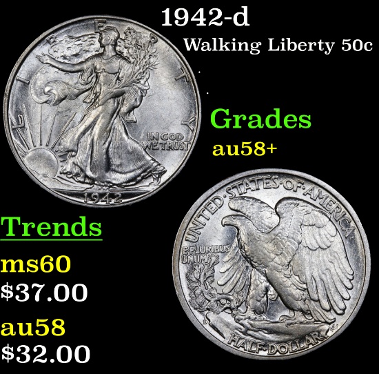 1942-d Walking Liberty Half Dollar 50c Grades Choice AU/BU Slider+