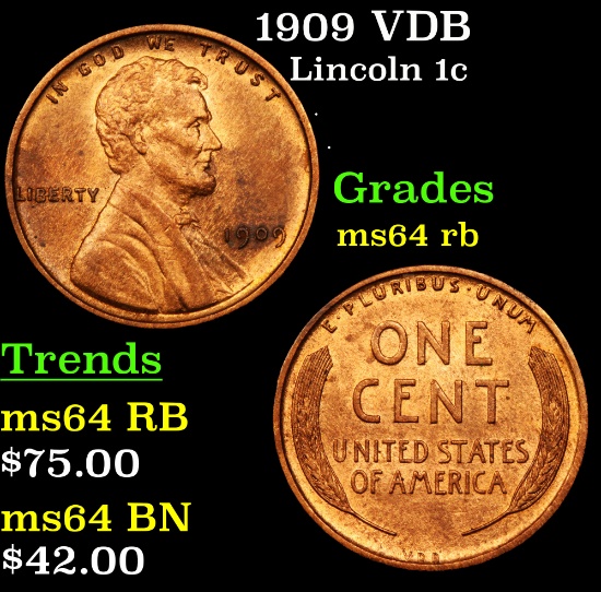 1909 VDB Lincoln Cent 1c Grades Choice Unc RB