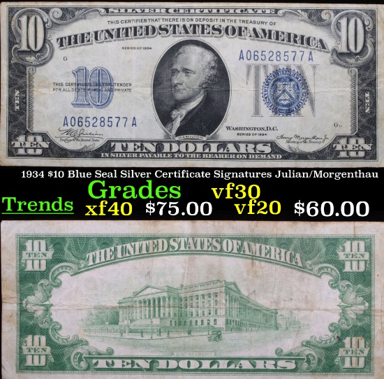 1934 $10 Blue Seal Silver Certificate Signatures Julian/Morgenthau Grades vf++