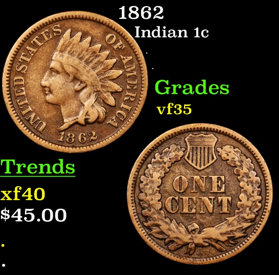 1862 Indian Cent 1c Grades vf++