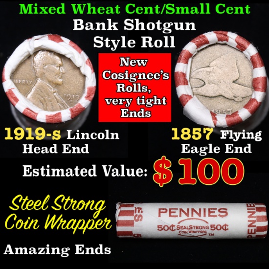 Mixed small cents 1c orig shotgun roll, 1919-s Wheat Cent, 1857 Flying eagle Cent other end, Seal st