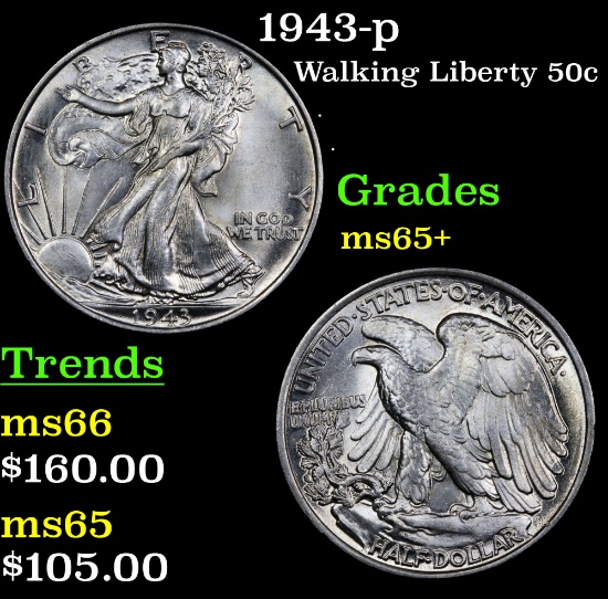 1943-p Walking Liberty Half Dollar 50c Grades GEM+ Unc