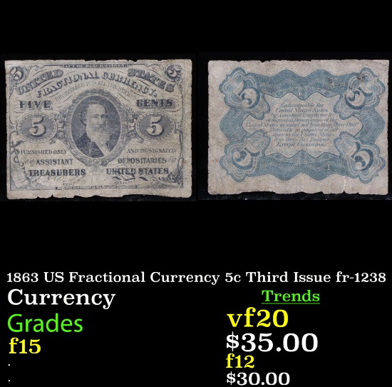 1863 US Fractional Currency 5c Third Issue fr-1238 Grades f+